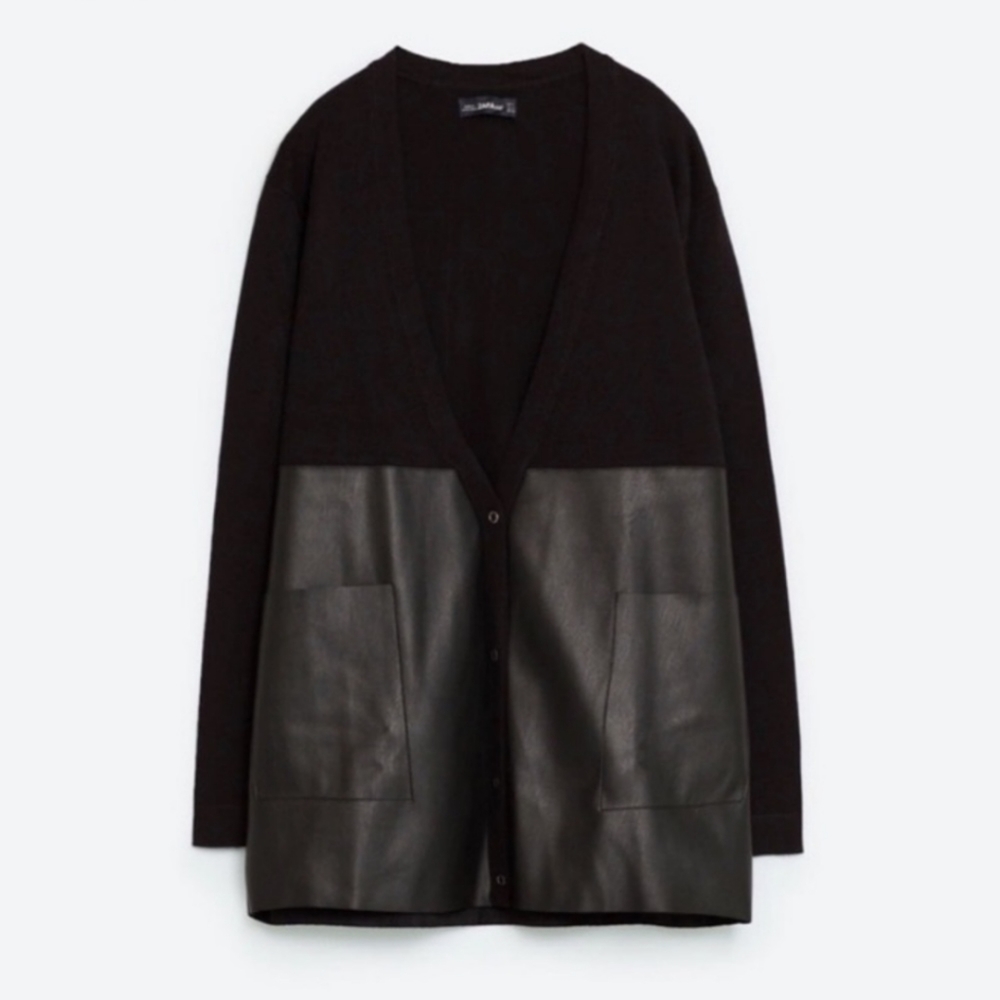 Zara Knit Faux Leather Oversized Cardigan Black